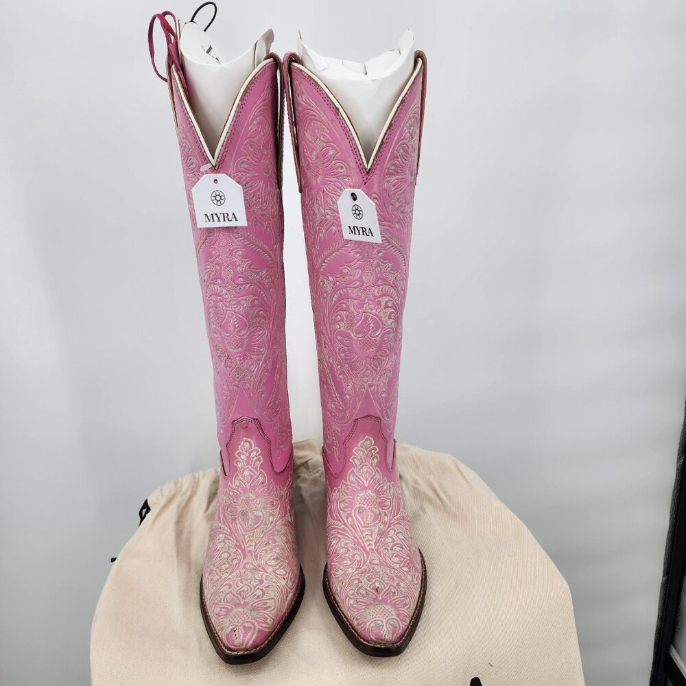 MYRA BAG Valentina Trail Hand Tooled Tall Pink Cowboy Boots 6-11NWT - Picture 13 of 16